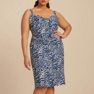 Tanya Taylor Animal Printed Anotonia Linen Sleeveless Sheath Dress Blue Sz 18